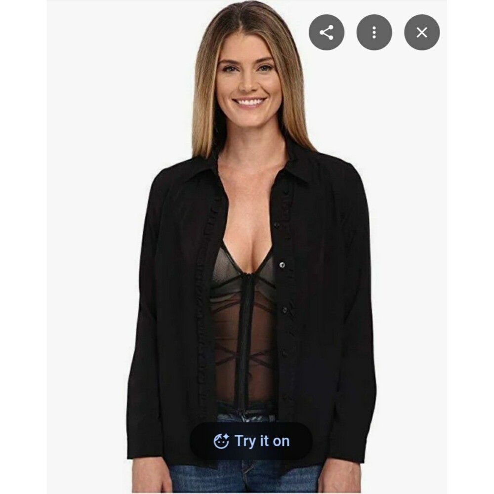 NYDJ Women's Fit Solution Ruffle Front Blouse Black Button-up Shirt Sz S YYY